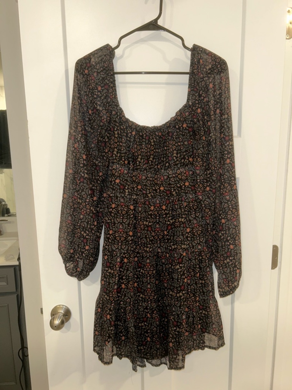 Altar'd State Black Floral Smocked Long-Sleeve Mini Dress